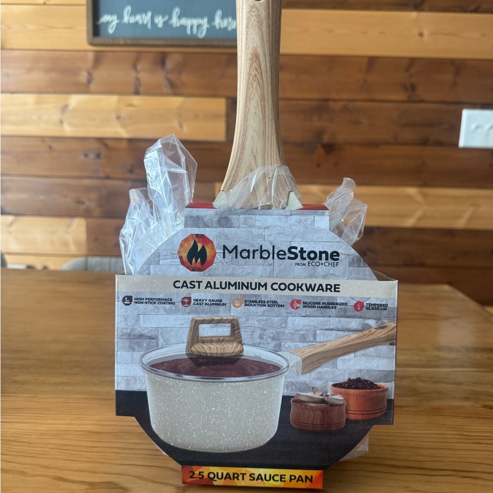 MARBLE Cream Speckled Cast Aluminum Sauce Pan with Wood-Look Handle